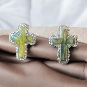 Vintage Silver Cross Tigerseye Inlay Post Earrings